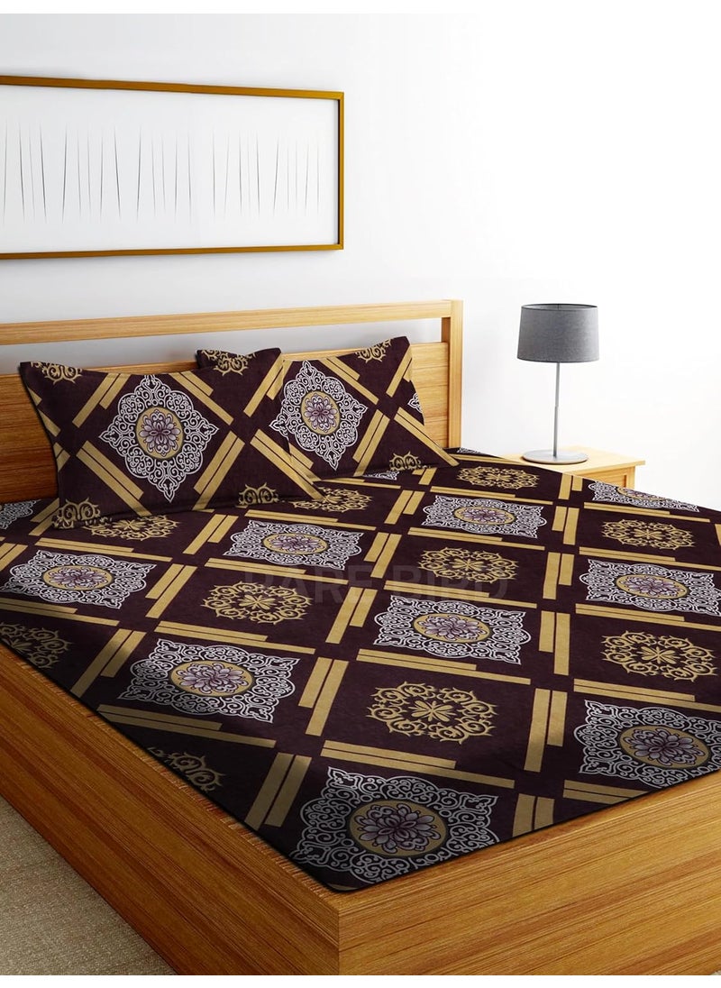 RAREBIRD 100 King Size Glace Cotton Feel 210 Tc All Over Elastic Fitted Size 72x78x8 inch Double Bedsheet with 2 Pillow Covers Color_ Brown Geo