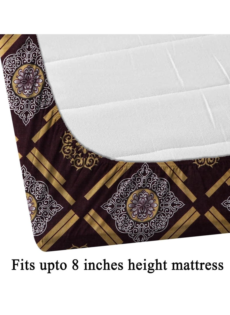 RAREBIRD 100 King Size Glace Cotton Feel 210 Tc All Over Elastic Fitted Size 72x78x8 inch Double Bedsheet with 2 Pillow Covers Color_ Brown Geo