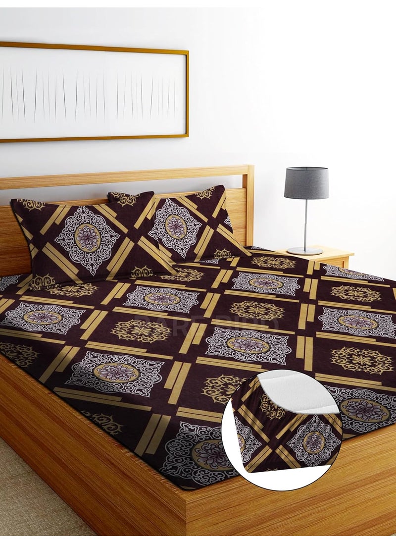 RAREBIRD 100 King Size Glace Cotton Feel 210 Tc All Over Elastic Fitted Size 72x78x8 inch Double Bedsheet with 2 Pillow Covers Color_ Brown Geo
