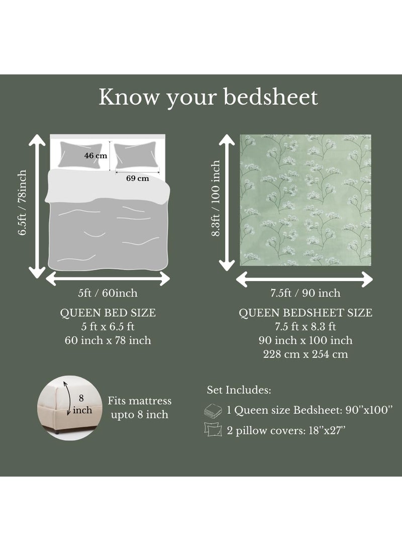 Jaipur Weaves Bedsheet Queen Size 100 Pure Cotton Bed Sheet with 2 Pillow Covers Super Soft Cozy Bedsheets Set90x100 inches Green Queen