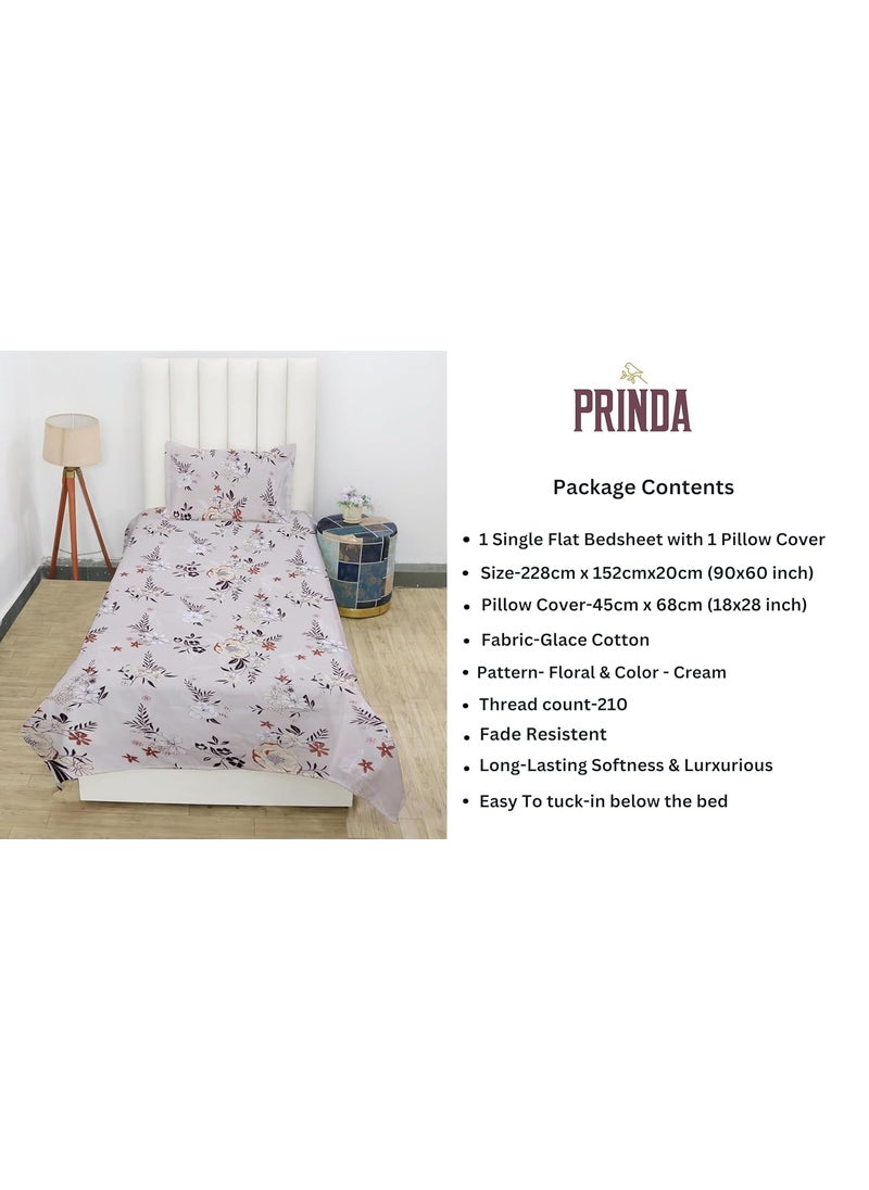 PRINDA Presents Luxurious Glace Cotton 210 TC Single Size90X60 Inch Flat Single Bedsheet with 1 Pillow Covers Colour Cream