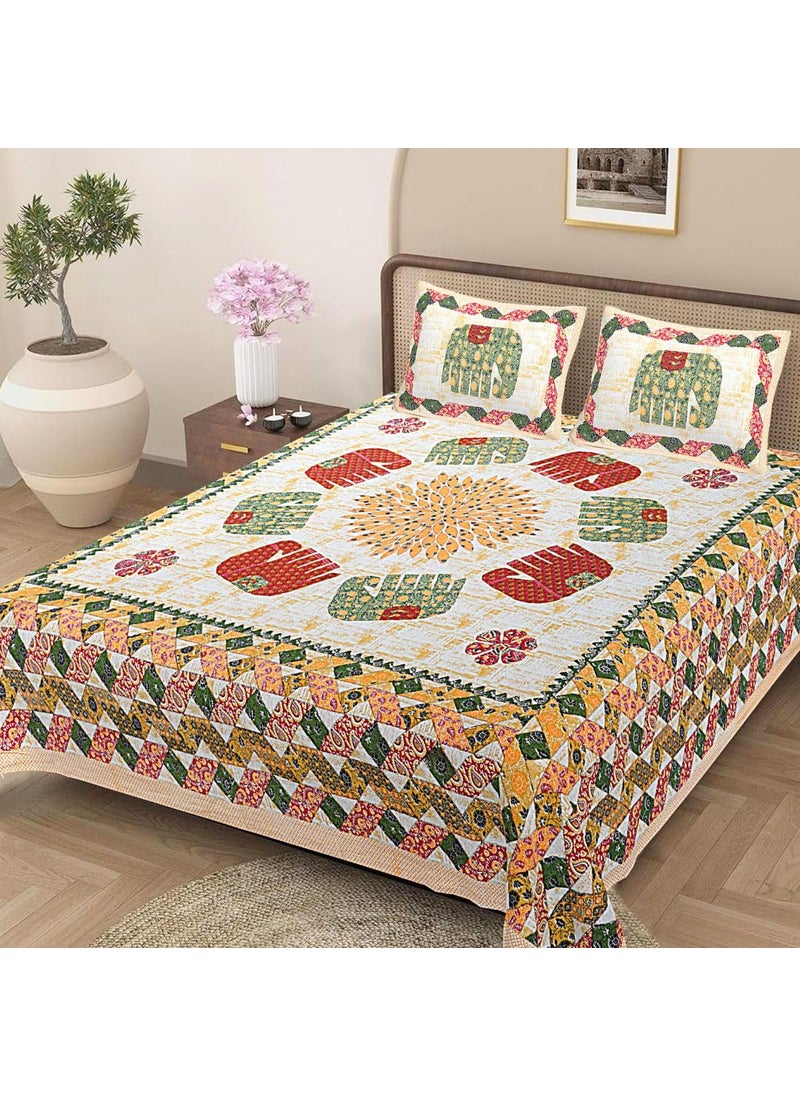 Jaipur Weaves 144 TC Bedsheet King Size 100 Pure Cotton Bed Sheet with 2 Pillow Covers Jaipuri Soft Cozy Bedsheets Set108x108 inches 9ftx9ft Royal Elephants Green Super King