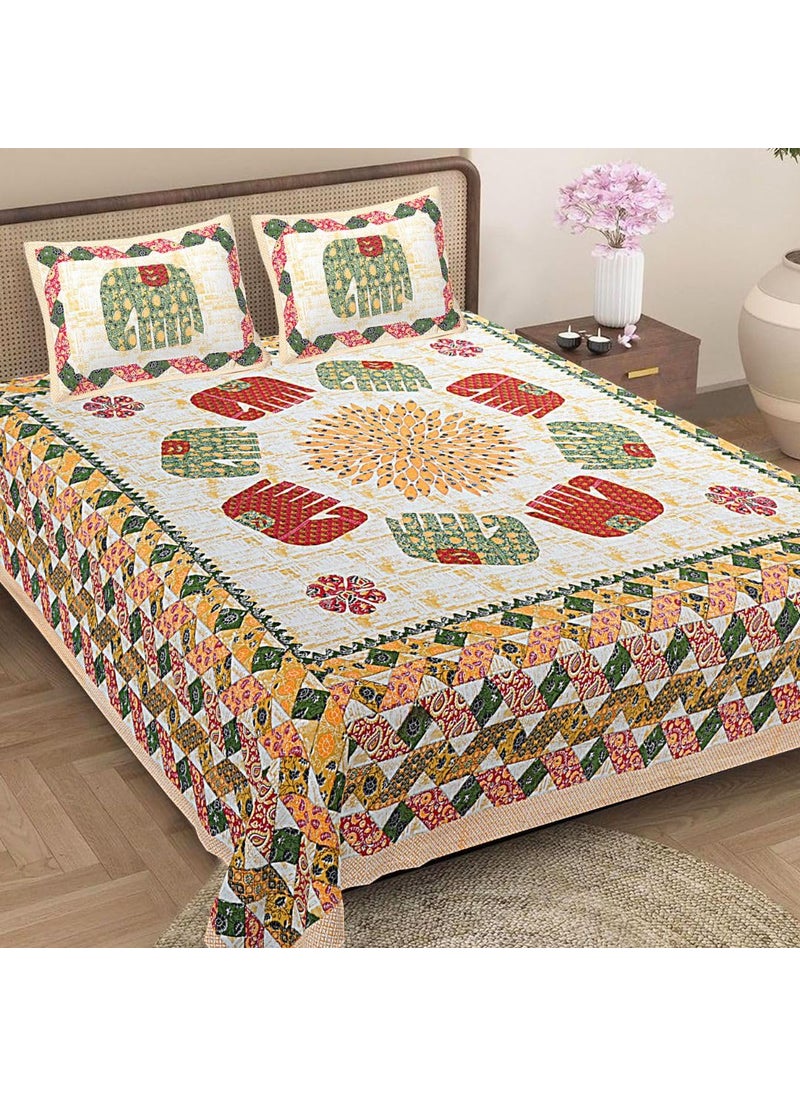 Jaipur Weaves 144 TC Bedsheet King Size 100 Pure Cotton Bed Sheet with 2 Pillow Covers Jaipuri Soft Cozy Bedsheets Set108x108 inches 9ftx9ft Royal Elephants Green Super King