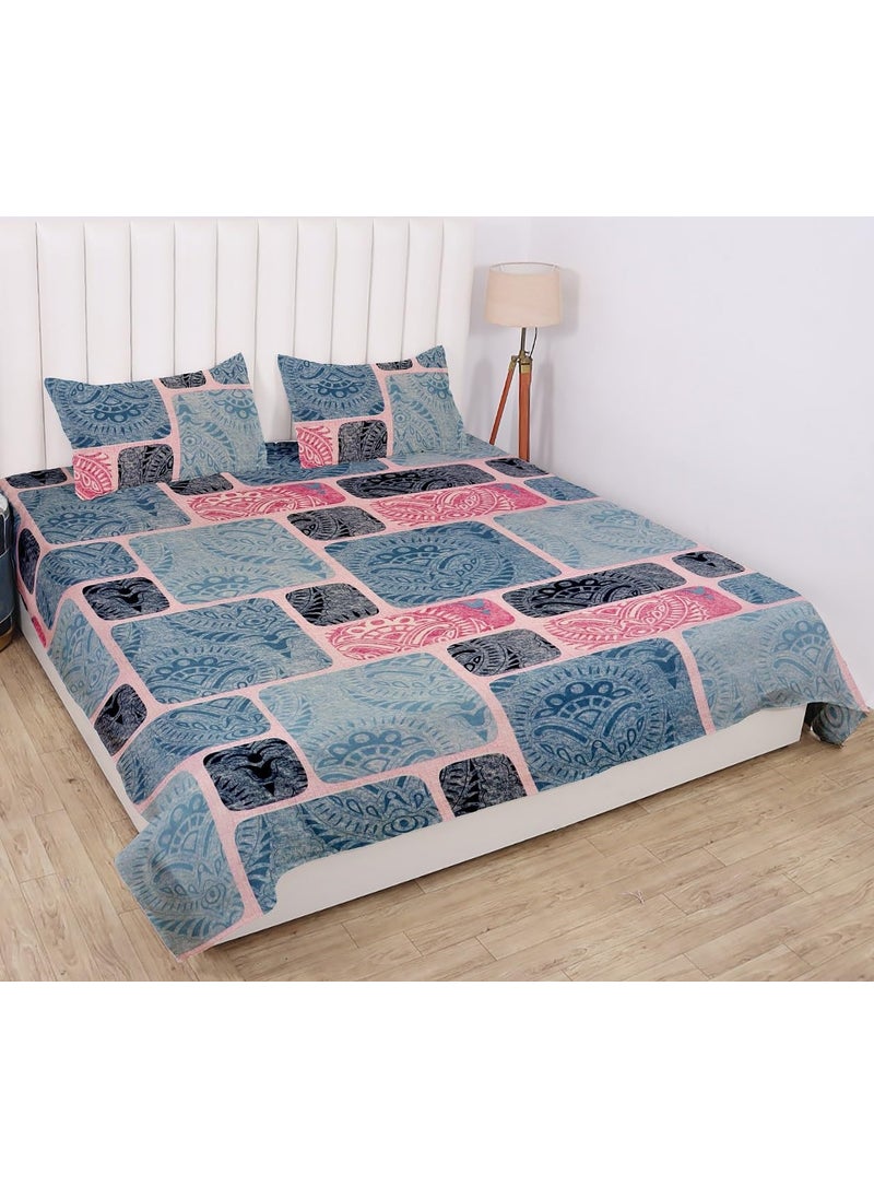 PRINDA Casement Premium 100 Cotton 300 TC Flat King Size Bedsheet108 x 100 with 2 Pillow Covers Color Sky Box Pattern Abstract