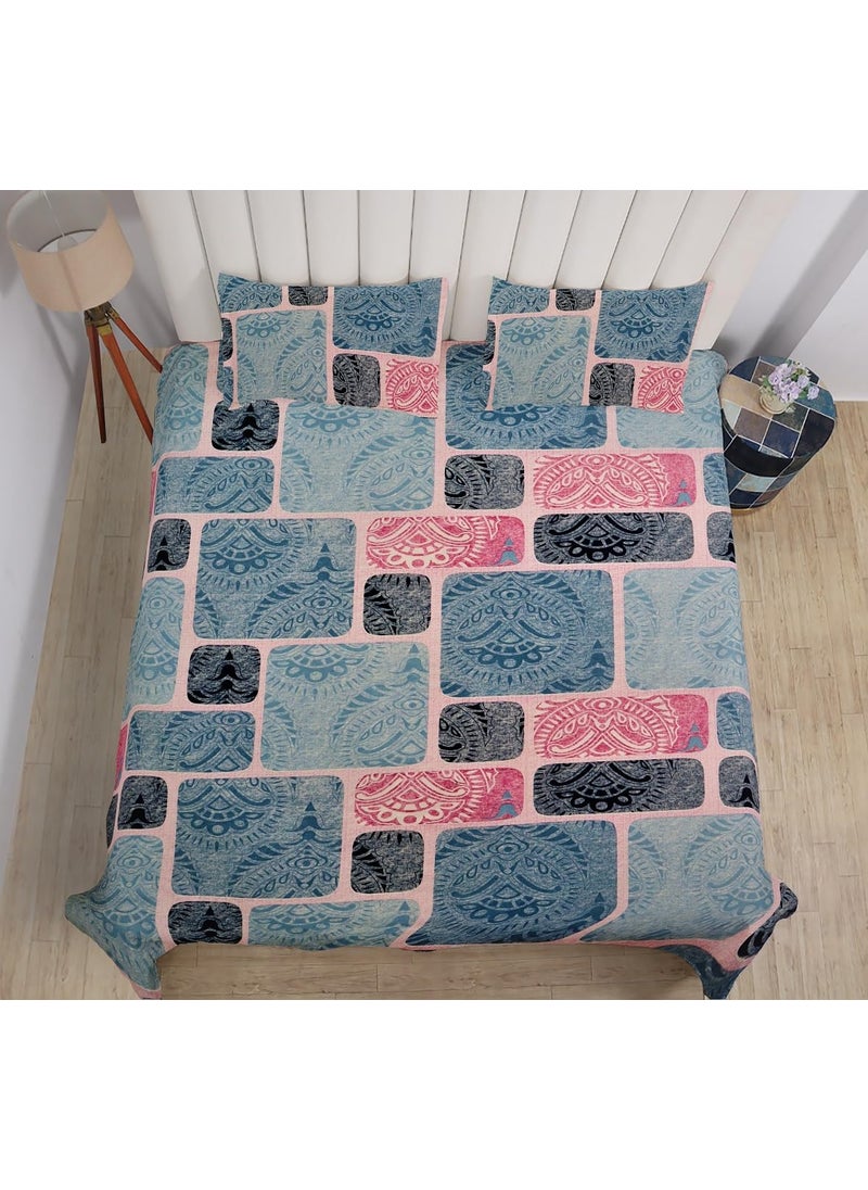 PRINDA Casement Premium 100 Cotton 300 TC Flat King Size Bedsheet108 x 100 with 2 Pillow Covers Color Sky Box Pattern Abstract