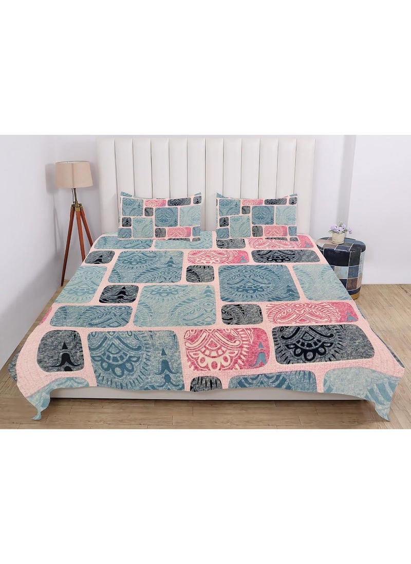 PRINDA Casement Premium 100 Cotton 300 TC Flat King Size Bedsheet108 x 100 with 2 Pillow Covers Color Sky Box Pattern Abstract