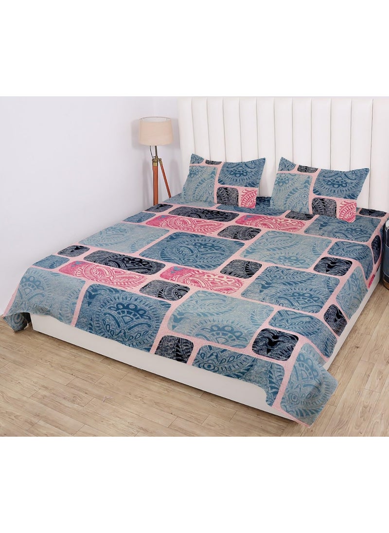 PRINDA Casement Premium 100 Cotton 300 TC Flat King Size Bedsheet108 x 100 with 2 Pillow Covers Color Sky Box Pattern Abstract