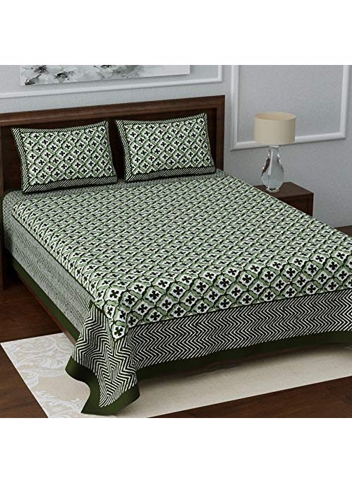 Living Roots Super King Double Bedsheet Pure Cotton 1 Bedsheet with 2 Pillow Covers 100 inch x 108 inch Green Booti