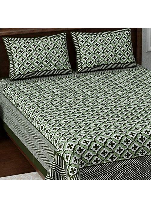 Living Roots Super King Double Bedsheet Pure Cotton 1 Bedsheet with 2 Pillow Covers 100 inch x 108 inch Green Booti