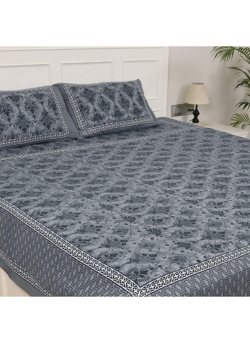 Jaipur Weaves Bedsheet for Double Bed Queen Size 100 Pure Cotton Floral Bed Sheet Set with 2 Pillow Covers Soft Cozy Jaipuri Bedsheets Set Ash Grey Double Floral