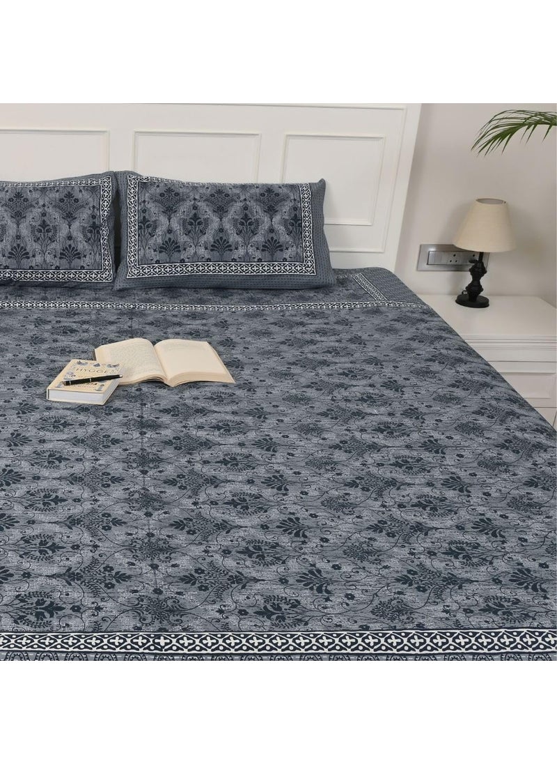 Jaipur Weaves Bedsheet for Double Bed Queen Size 100 Pure Cotton Floral Bed Sheet Set with 2 Pillow Covers Soft Cozy Jaipuri Bedsheets Set Ash Grey Double Floral