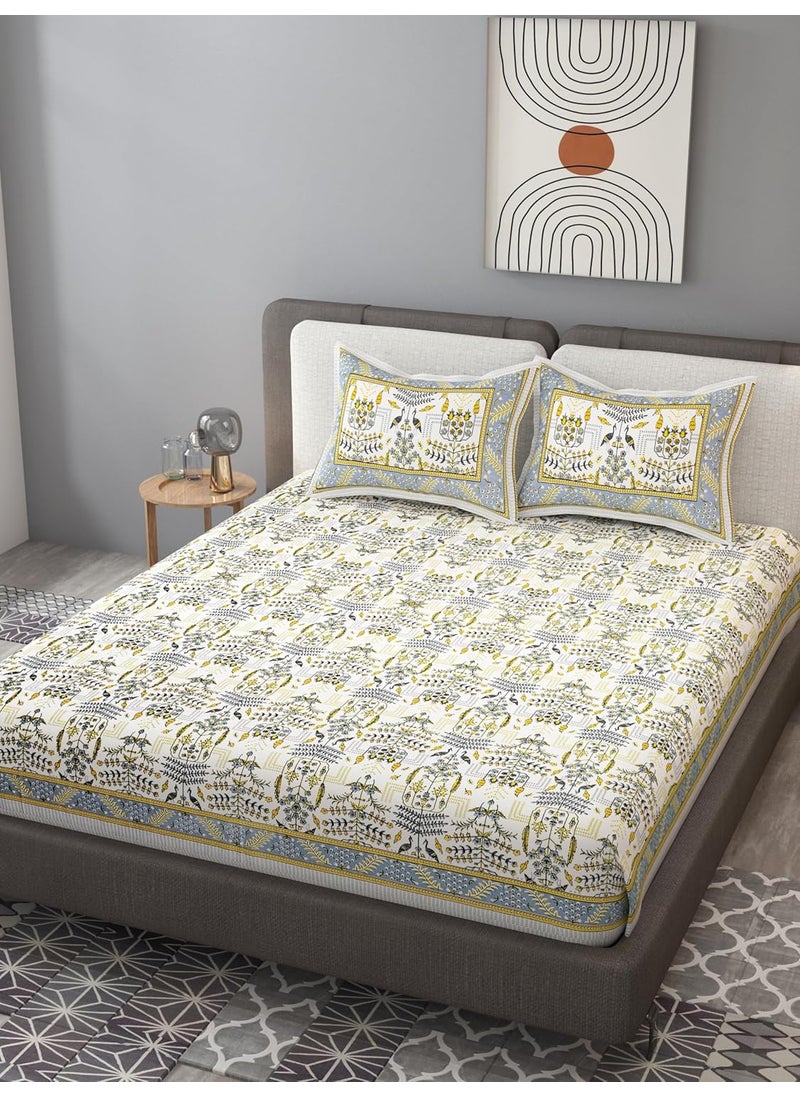 EasyGoods 240 TC Pure Cotton Bedsheet for Double Bed King Queen Size Bed Jaipuri Rajasthani Design with 2 Pillow Covers Extra Soft Wrinkle Free 90 x 103 inches Yellow Monarch39