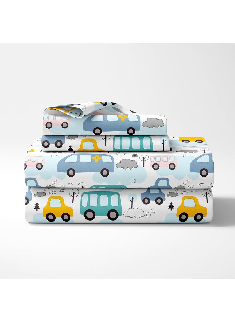 LORETO A QUALITY LINEN BRAND 100 Cotton Bedsheet for Double Bed 1 Double Bedsheet with 2 Pillow Covers 144 TC Queen Size Double Bedsheet Cotton Bubblegum Blue Bus Banana Yellow Cars