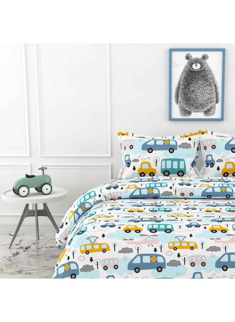 LORETO A QUALITY LINEN BRAND 100 Cotton Bedsheet for Double Bed 1 Double Bedsheet with 2 Pillow Covers 144 TC Queen Size Double Bedsheet Cotton Bubblegum Blue Bus Banana Yellow Cars