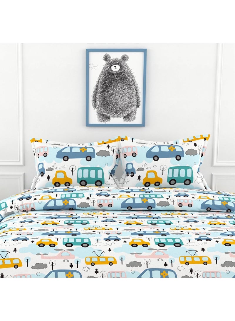 LORETO A QUALITY LINEN BRAND 100 Cotton Bedsheet for Double Bed 1 Double Bedsheet with 2 Pillow Covers 144 TC Queen Size Double Bedsheet Cotton Bubblegum Blue Bus Banana Yellow Cars