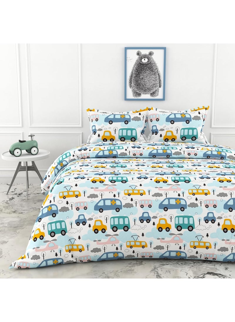 LORETO A QUALITY LINEN BRAND 100 Cotton Bedsheet for Double Bed 1 Double Bedsheet with 2 Pillow Covers 144 TC Queen Size Double Bedsheet Cotton Bubblegum Blue Bus Banana Yellow Cars