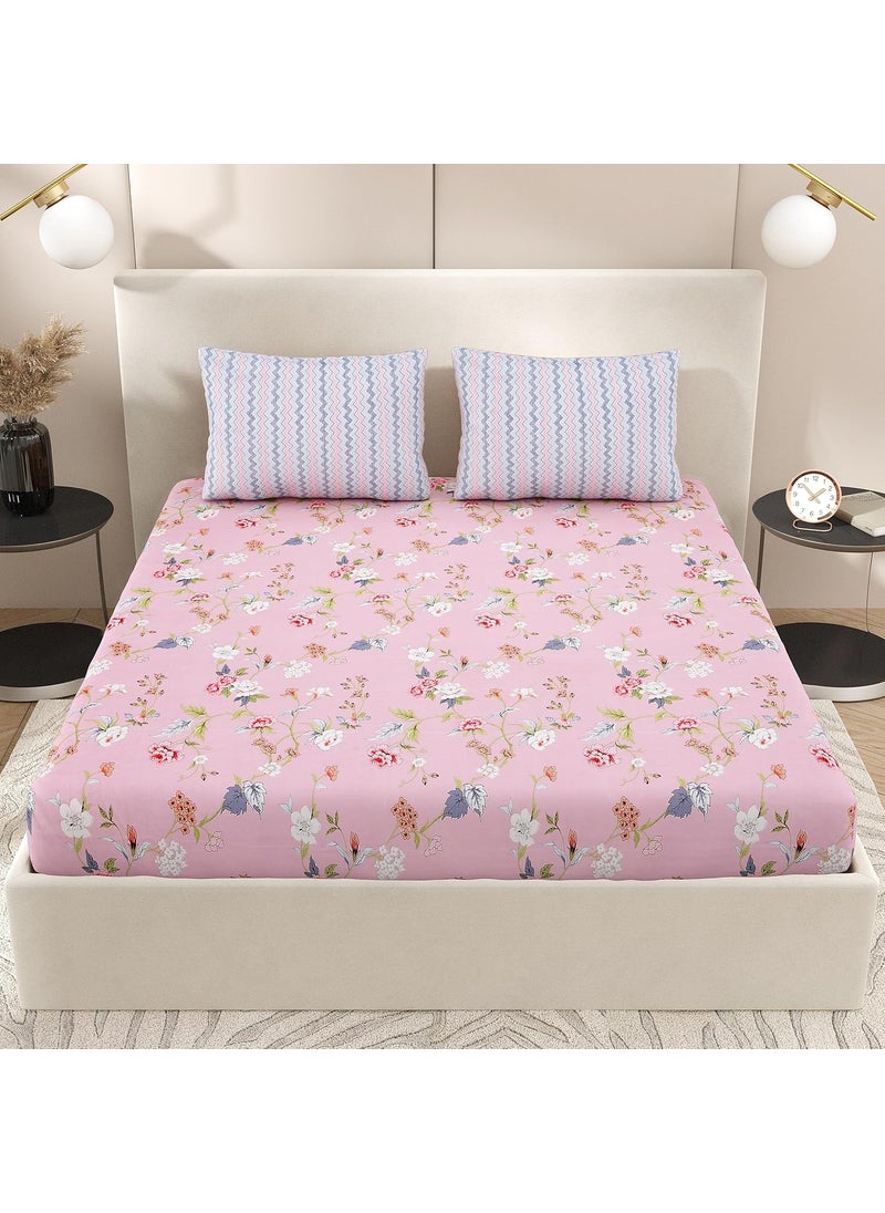 EasyGoods 240 TC Polycotton Bedsheet for Double Bed Flower Pink Atlanta Bedsheet King Size Bed King Size Bedsheet Double Bedsheet with 2 Pillow Covers 108x108 Inch Handcrafted Bed Sheets