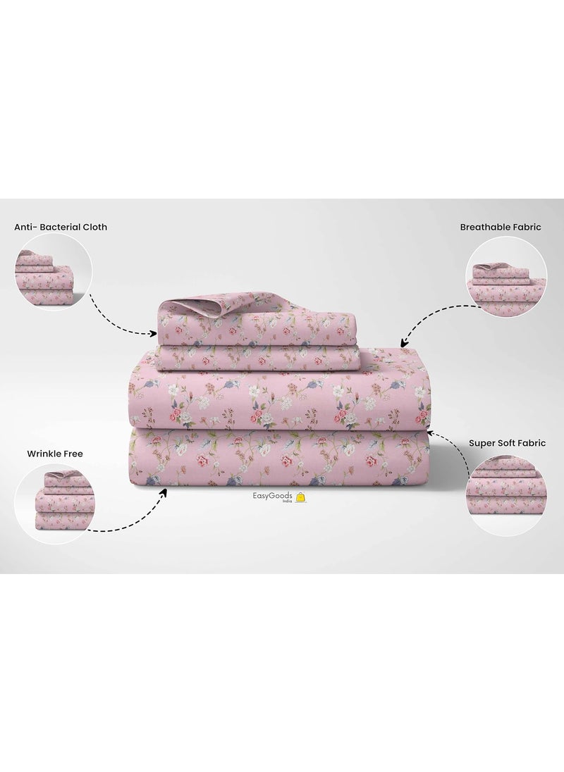 EasyGoods 240 TC Polycotton Bedsheet for Double Bed Flower Pink Atlanta Bedsheet King Size Bed King Size Bedsheet Double Bedsheet with 2 Pillow Covers 108x108 Inch Handcrafted Bed Sheets