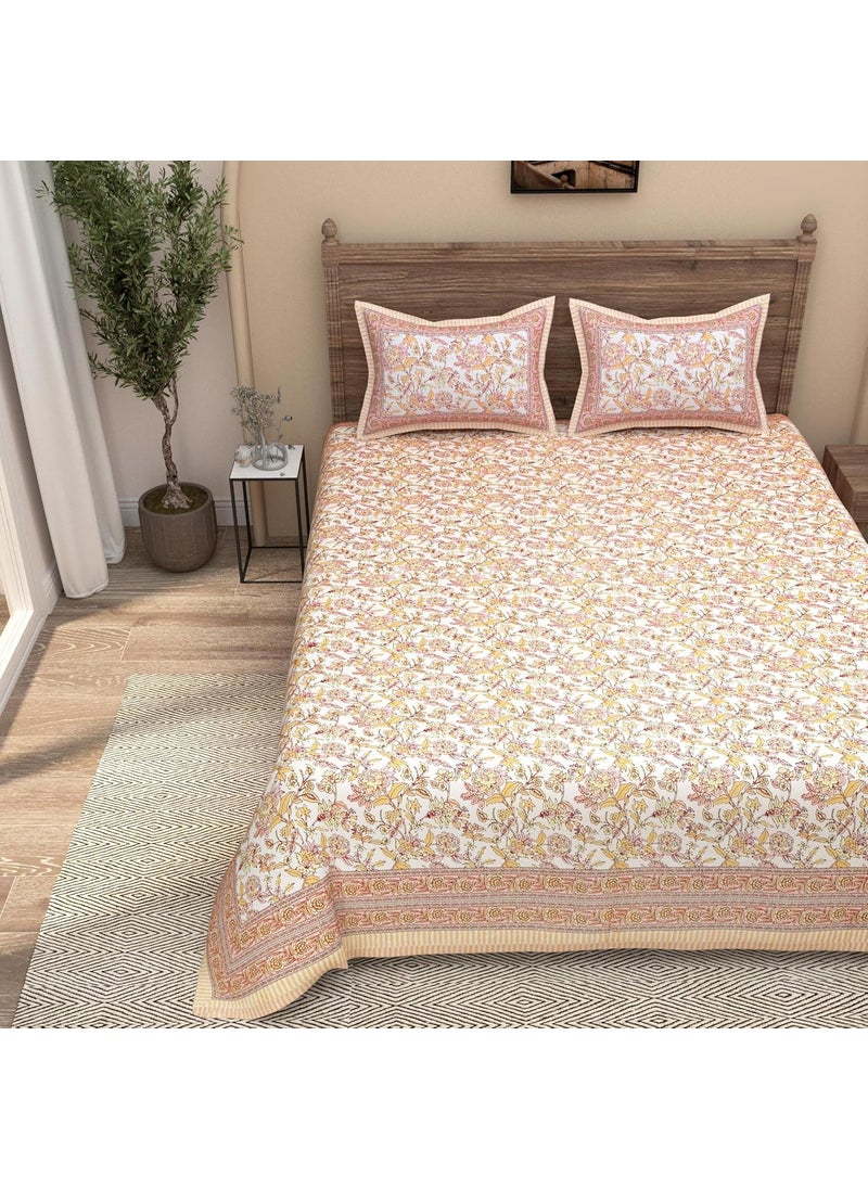 EasyGoods 240 TC Cotton Bedsheet for Double Bed Floral OrangeEthnic35 Bedsheet King Size Bed CottonKing Size BedsheetDouble Bedsheet with 2 Pillow Covers 90x108 InchHandcrafted Bed Sheets
