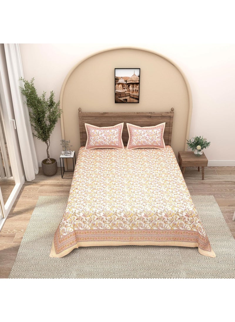 EasyGoods 240 TC Cotton Bedsheet for Double Bed Floral OrangeEthnic35 Bedsheet King Size Bed CottonKing Size BedsheetDouble Bedsheet with 2 Pillow Covers 90x108 InchHandcrafted Bed Sheets