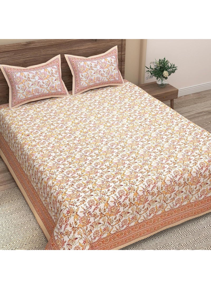 EasyGoods 240 TC Cotton Bedsheet for Double Bed Floral OrangeEthnic35 Bedsheet King Size Bed CottonKing Size BedsheetDouble Bedsheet with 2 Pillow Covers 90x108 InchHandcrafted Bed Sheets