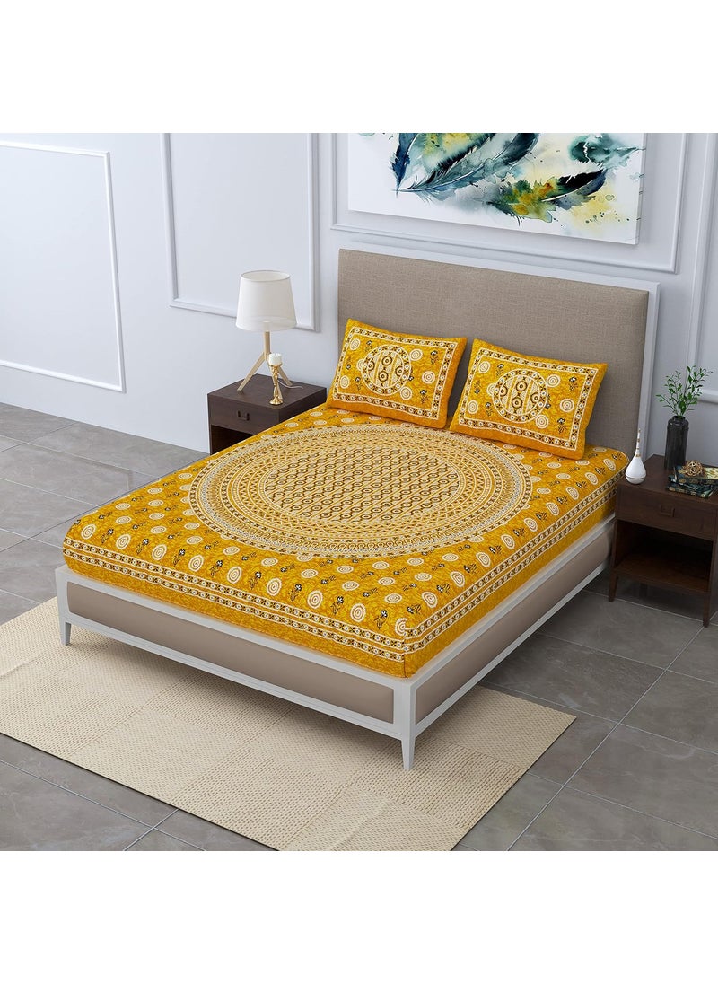 SheetKart Glitz 144 TC Cotton Double Bedsheet with 2 Pillow Covers Ivy YellowPack of 1