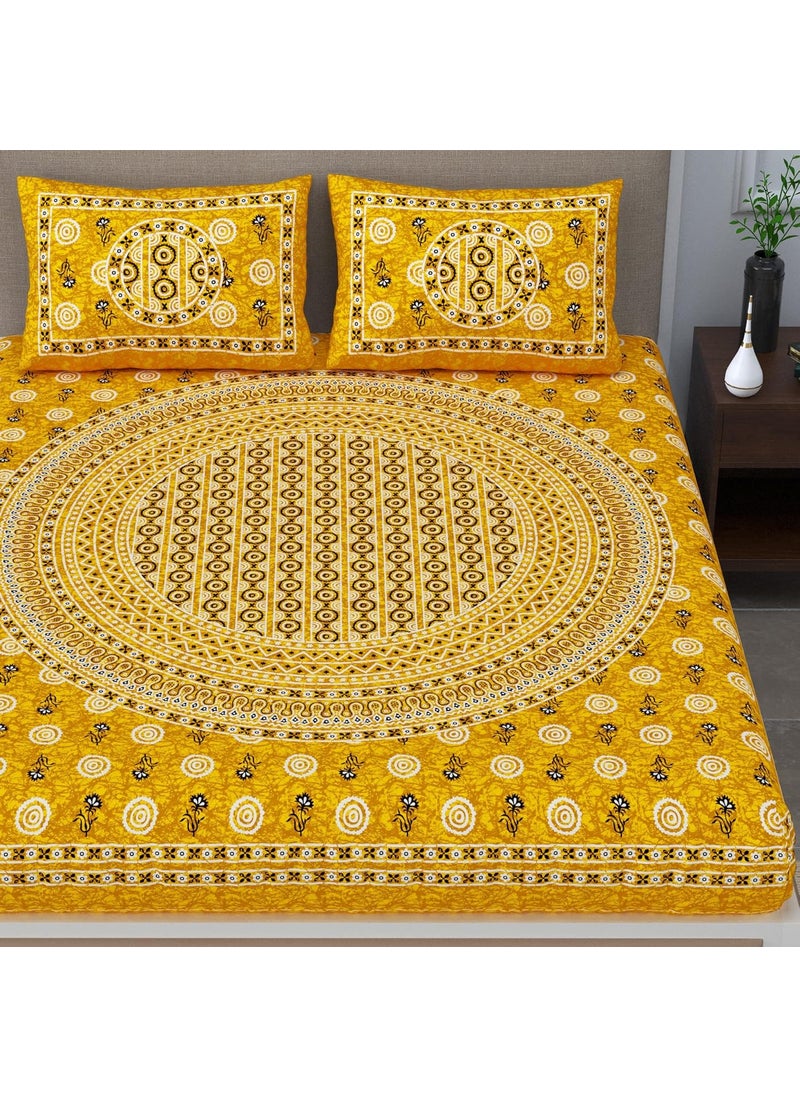SheetKart Glitz 144 TC Cotton Double Bedsheet with 2 Pillow Covers Ivy YellowPack of 1