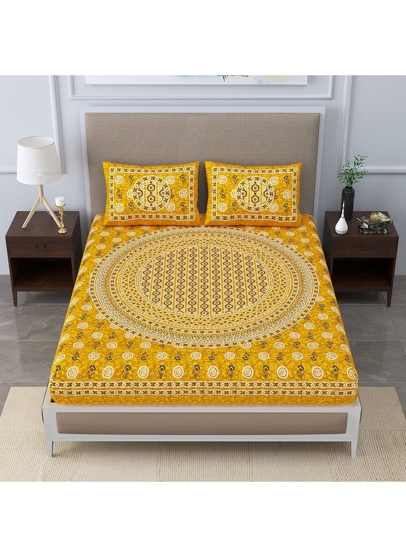 SheetKart Glitz 144 TC Cotton Double Bedsheet with 2 Pillow Covers Ivy YellowPack of 1