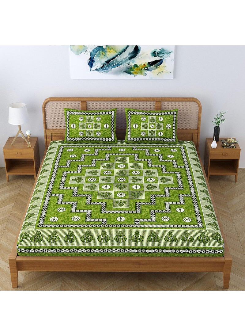 SheetKart Arcade Cotton Double Bedsheet Jaipuri Printed Bed Cover with 2 Pillow Covers Lightning Green