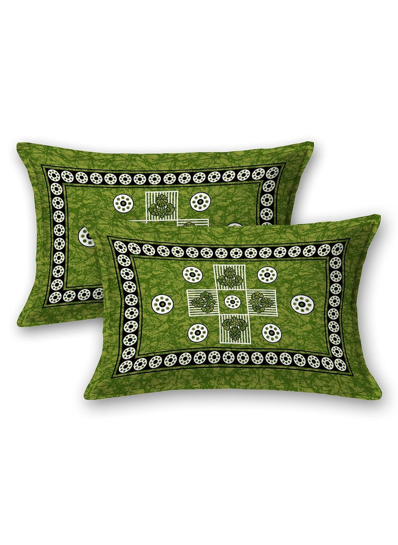 SheetKart Arcade Cotton Double Bedsheet Jaipuri Printed Bed Cover with 2 Pillow Covers Lightning Green
