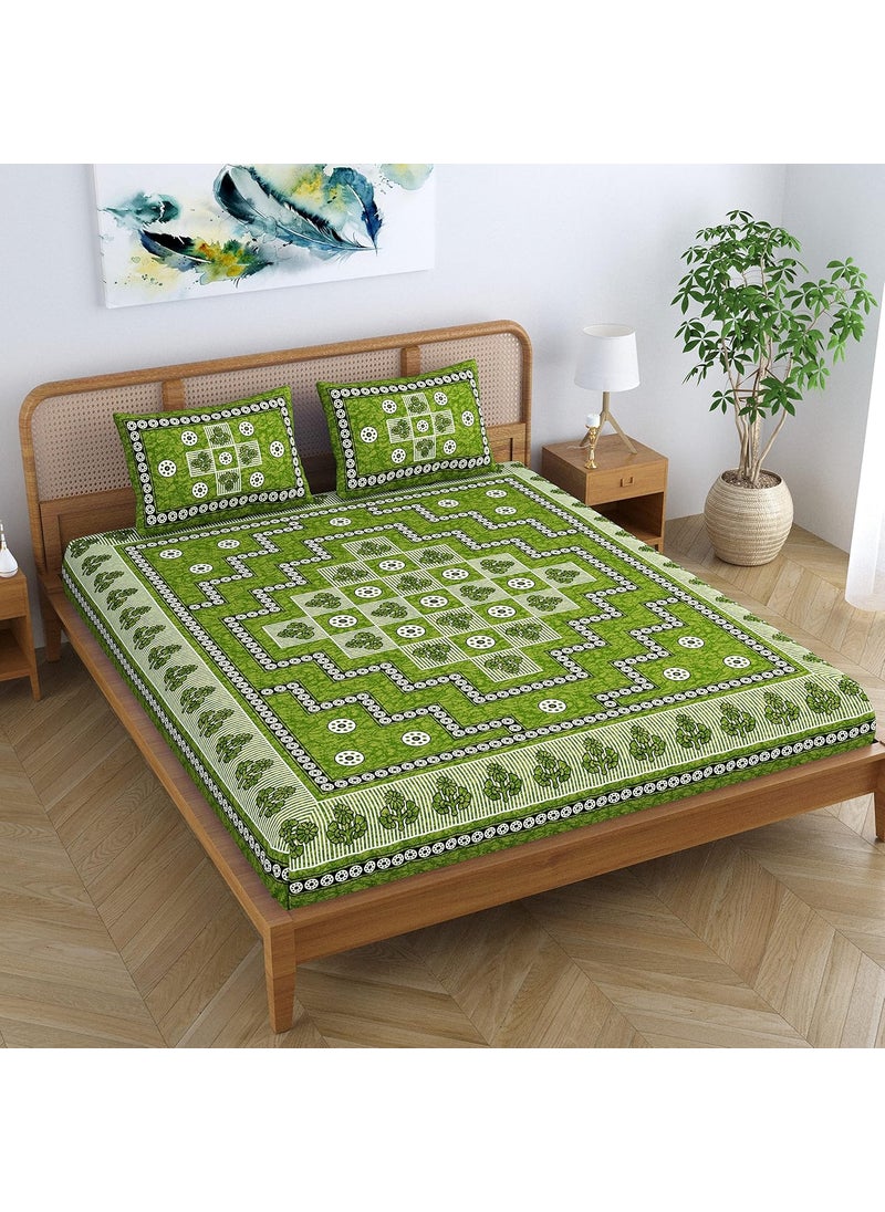 SheetKart Arcade Cotton Double Bedsheet Jaipuri Printed Bed Cover with 2 Pillow Covers Lightning Green