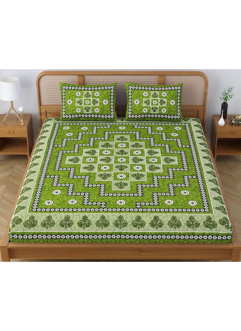SheetKart Arcade Cotton Double Bedsheet Jaipuri Printed Bed Cover with 2 Pillow Covers Lightning Green