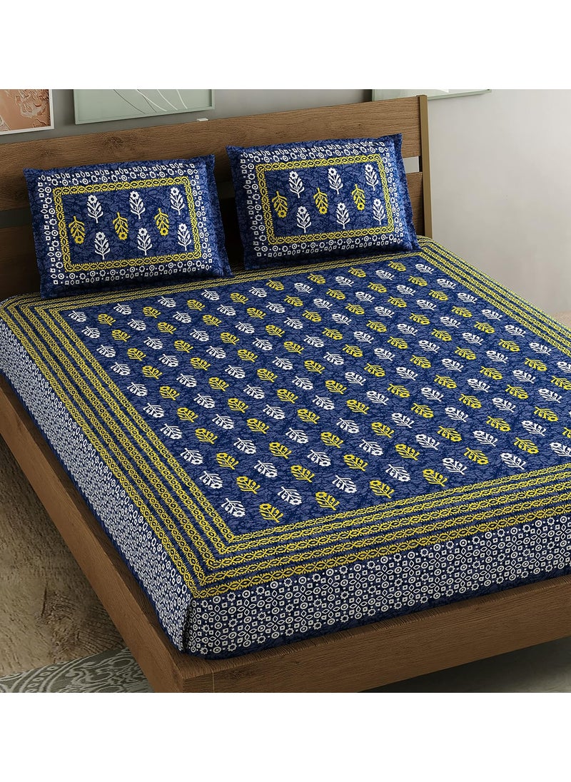 SheetKart 144 TC Motif Printed Jaipuri Cotton Double Bedsheet with 2 Pillow Covers Sharp Navy Blue