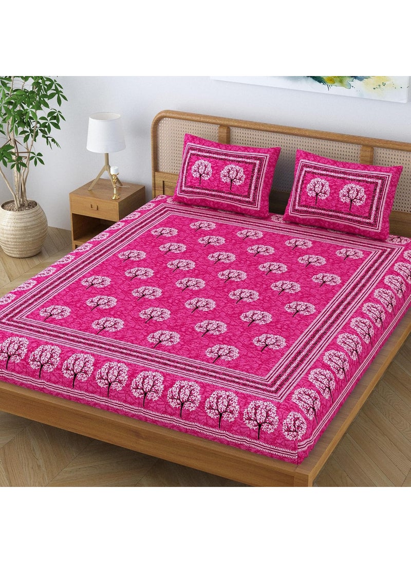SheetKart Cotton Traditional Tree of Life Printed Bedsheet for Double Bed King Size with 2 Pillow Covers Blush Pink