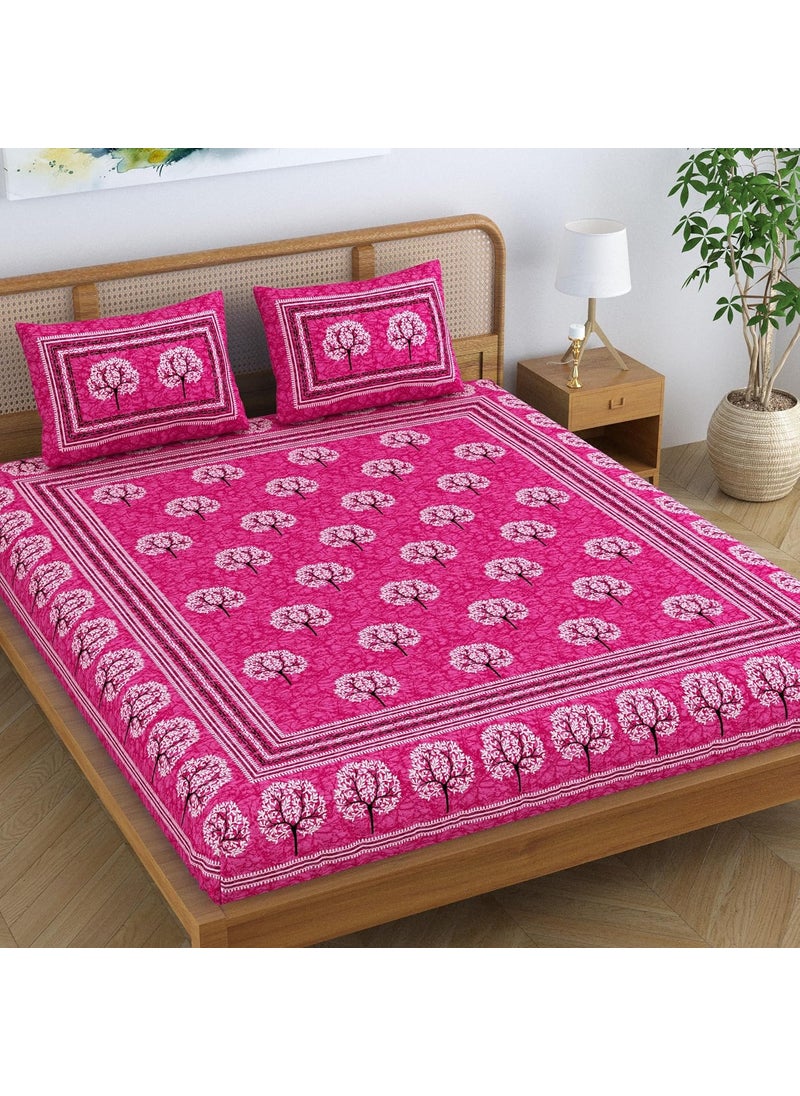SheetKart Cotton Traditional Tree of Life Printed Bedsheet for Double Bed King Size with 2 Pillow Covers Blush Pink
