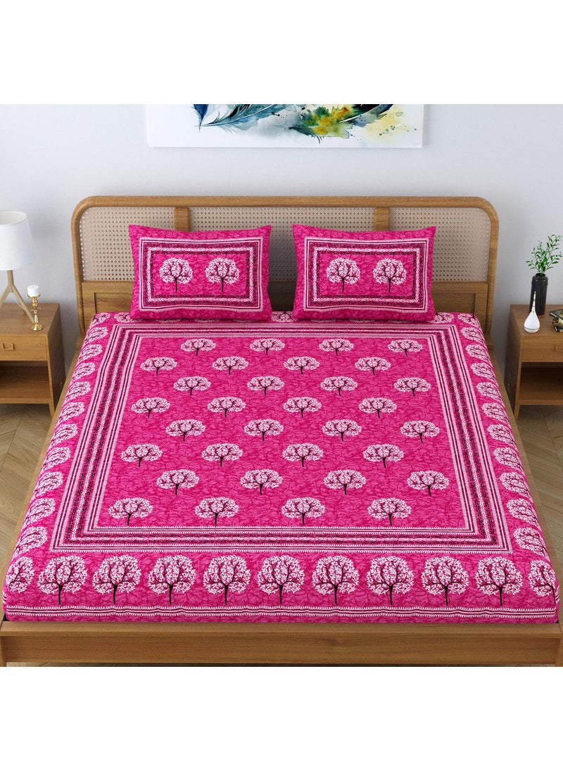 SheetKart Cotton Traditional Tree of Life Printed Bedsheet for Double Bed King Size with 2 Pillow Covers Blush Pink