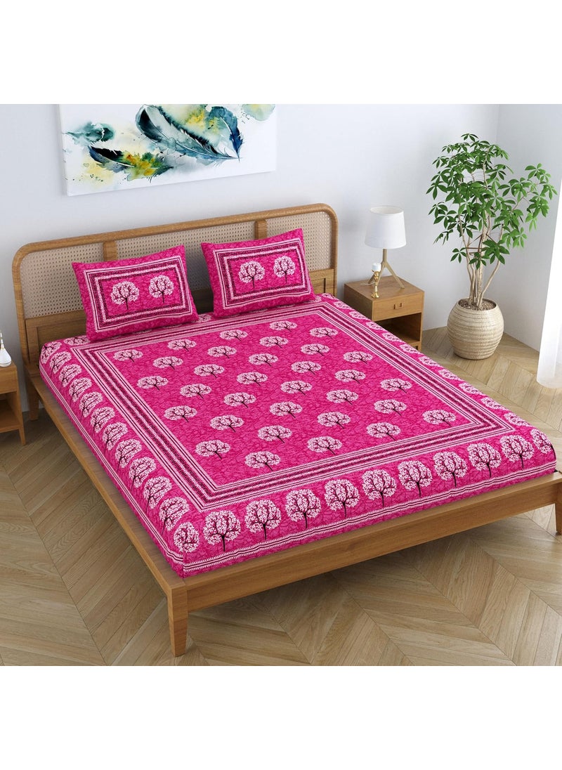 SheetKart Cotton Traditional Tree of Life Printed Bedsheet for Double Bed King Size with 2 Pillow Covers Blush Pink