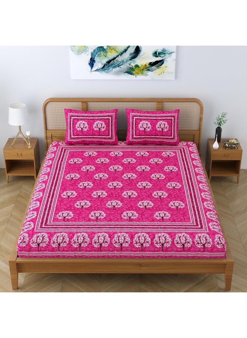 SheetKart Cotton Traditional Tree of Life Printed Bedsheet for Double Bed King Size with 2 Pillow Covers Blush Pink
