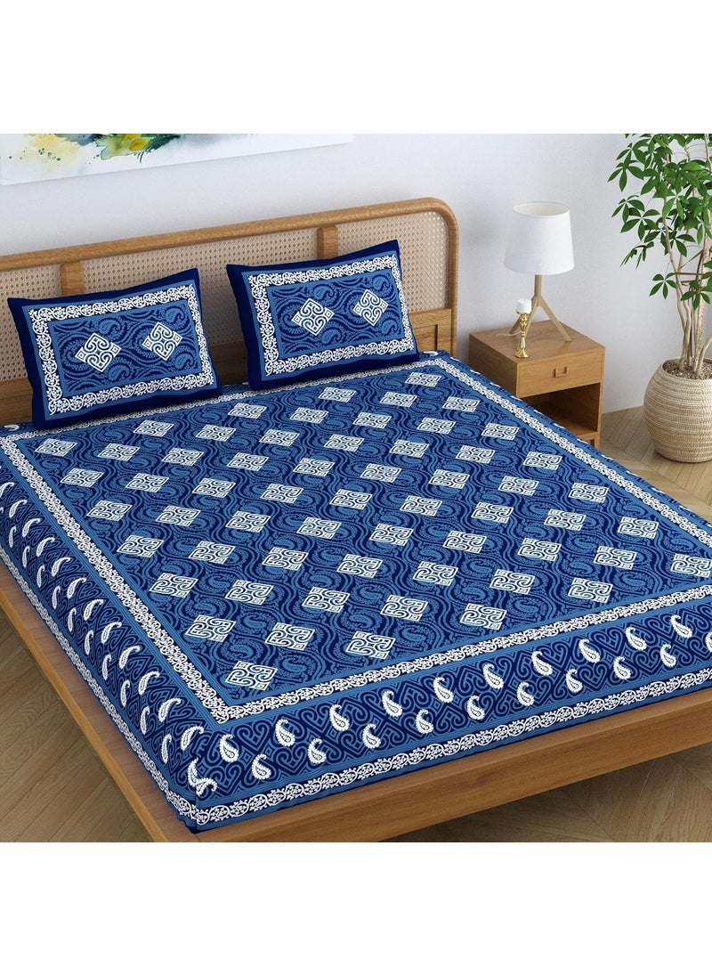 SheetKart Dabu Squares 100 Cotton Double Bedsheet Jaipuri Printed Bed Cover King Size with 2 Pillow Covers Midnight Blue