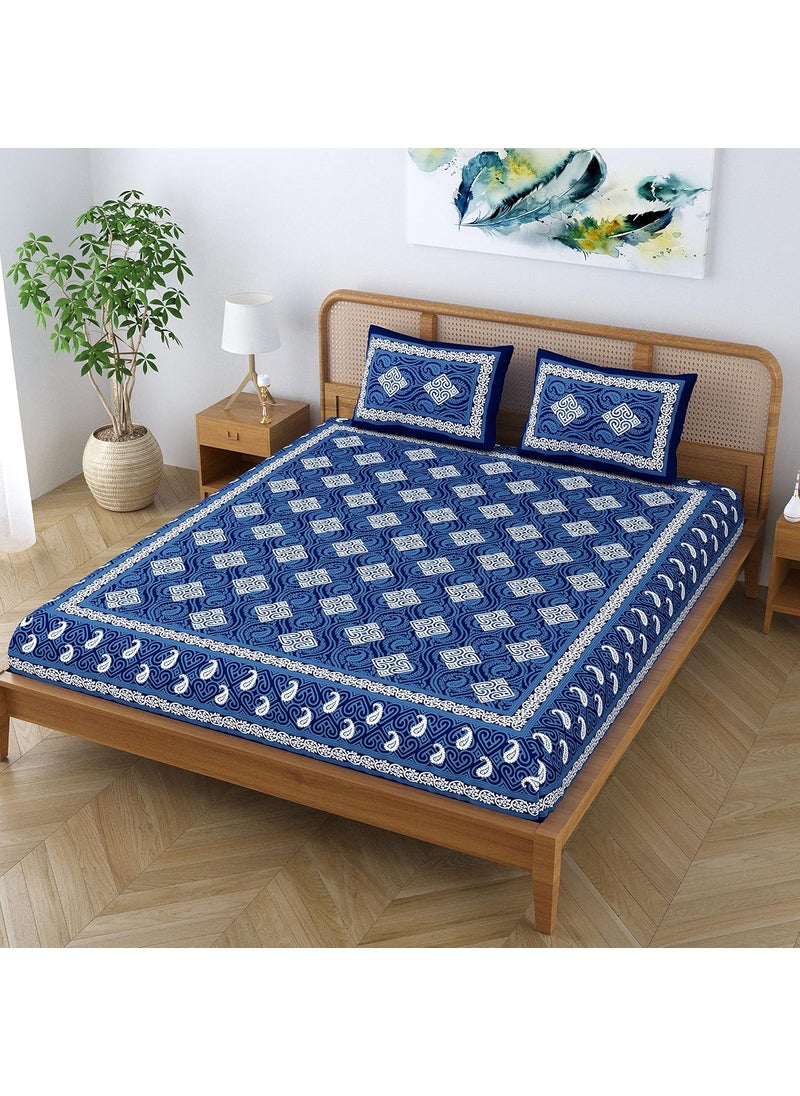 SheetKart Dabu Squares 100 Cotton Double Bedsheet Jaipuri Printed Bed Cover King Size with 2 Pillow Covers Midnight Blue