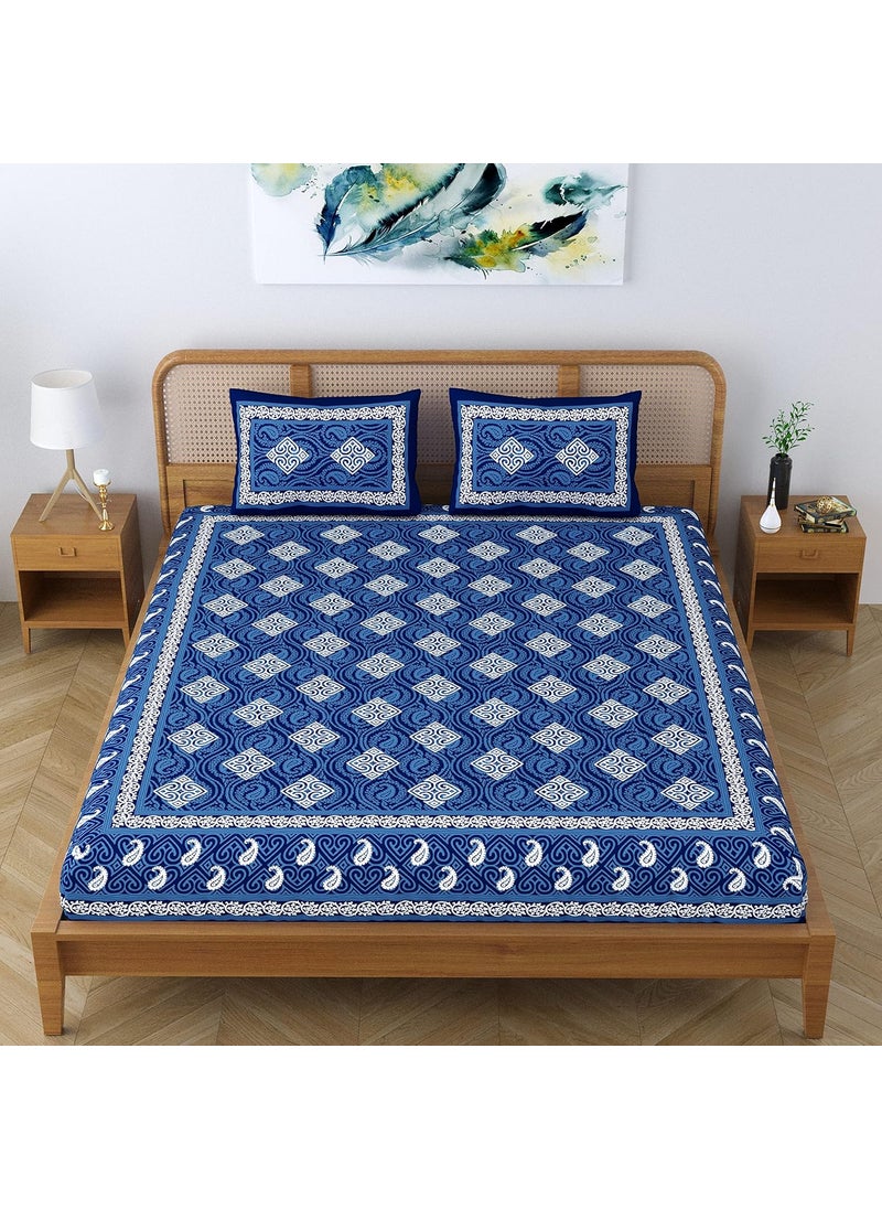 SheetKart Dabu Squares 100 Cotton Double Bedsheet Jaipuri Printed Bed Cover King Size with 2 Pillow Covers Midnight Blue