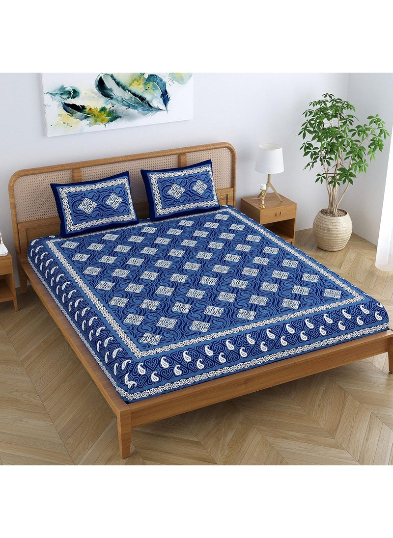 SheetKart Dabu Squares 100 Cotton Double Bedsheet Jaipuri Printed Bed Cover King Size with 2 Pillow Covers Midnight Blue