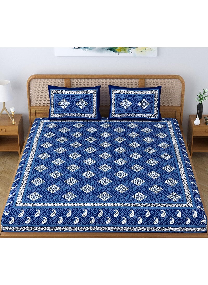 SheetKart Dabu Squares 100 Cotton Double Bedsheet Jaipuri Printed Bed Cover King Size with 2 Pillow Covers Midnight Blue