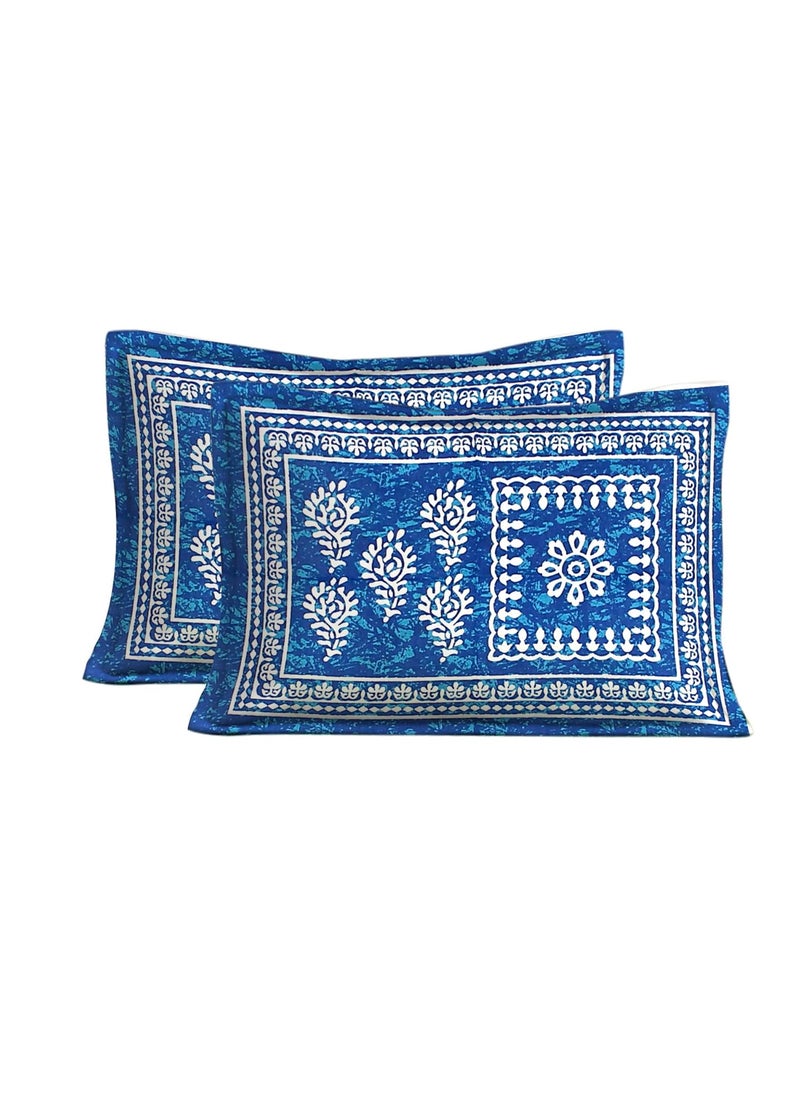 SheetKart 144 TC Cotton Floral Jaipuri Printed Double Bedsheet with 2 Pillow Covers Blue