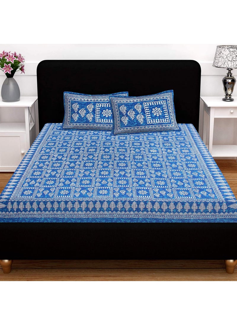 SheetKart 144 TC Cotton Floral Jaipuri Printed Double Bedsheet with 2 Pillow Covers Blue