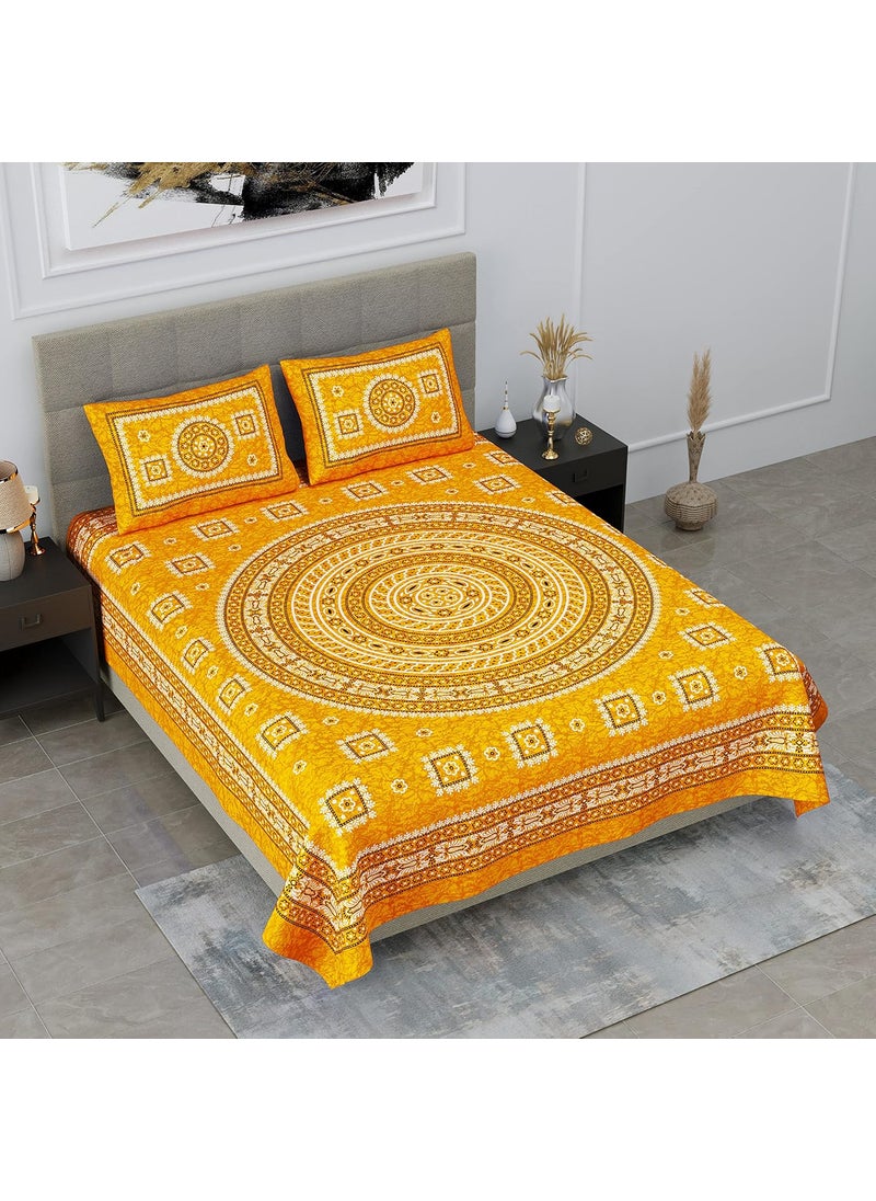 SheetKart Mandala Floral Print 144 TC Cotton Double Bedsheet with 2 Pillow Covers Mush Yellow