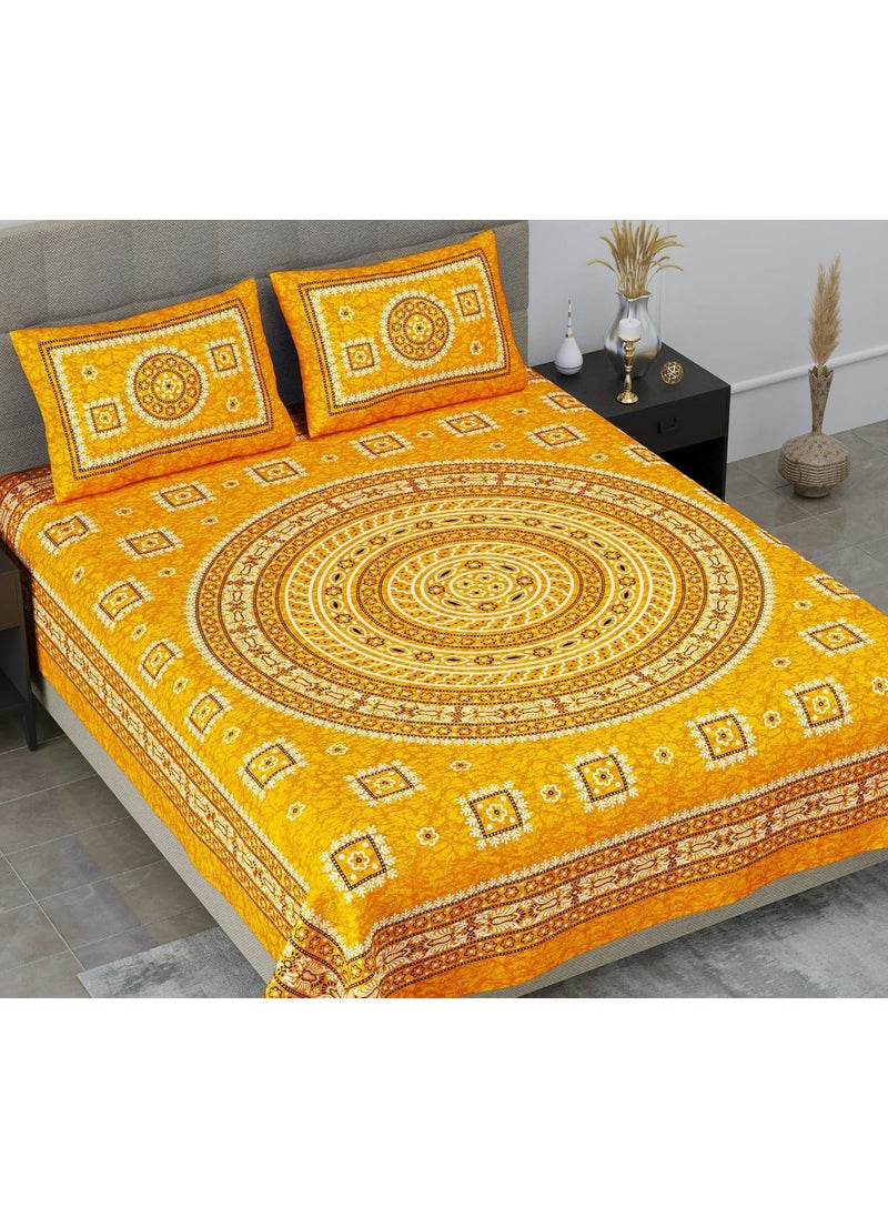 SheetKart Mandala Floral Print 144 TC Cotton Double Bedsheet with 2 Pillow Covers Mush Yellow