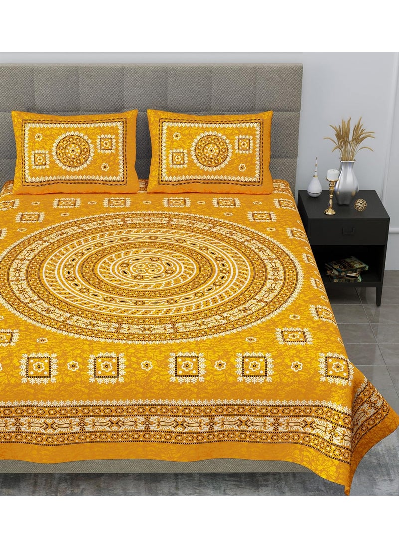 SheetKart Mandala Floral Print 144 TC Cotton Double Bedsheet with 2 Pillow Covers Mush Yellow