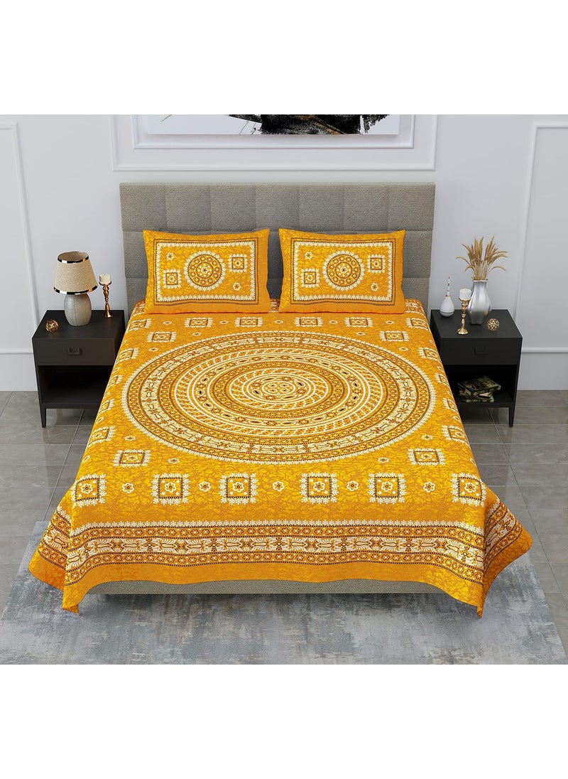 SheetKart Mandala Floral Print 144 TC Cotton Double Bedsheet with 2 Pillow Covers Mush Yellow
