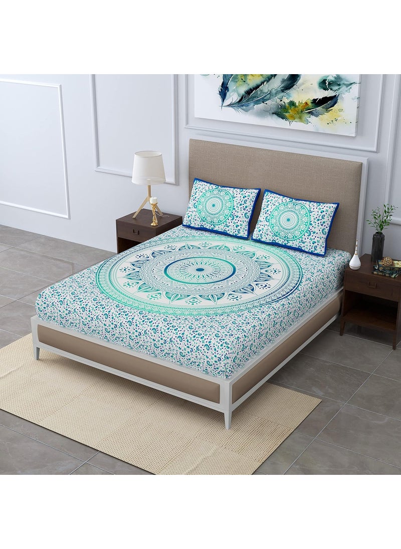 SheetKart 100 Cotton Bedsheet for Double Bed King Size with 2 Pillow CoversOmbre Mandala Jaipuri Printed Bed SheetTurquoise Treat144 TC